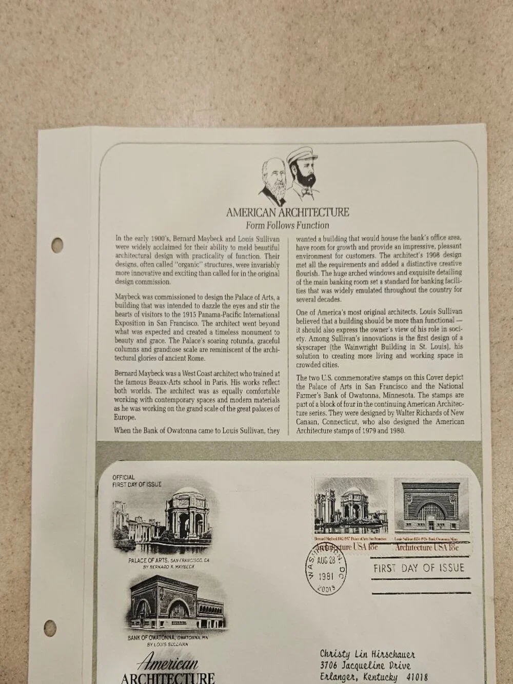 RARE COLLECTIBLE USPS 1ST DAY ISSUE AMERICAN ARCHITECTURE PALACE OF ARTS STAMP